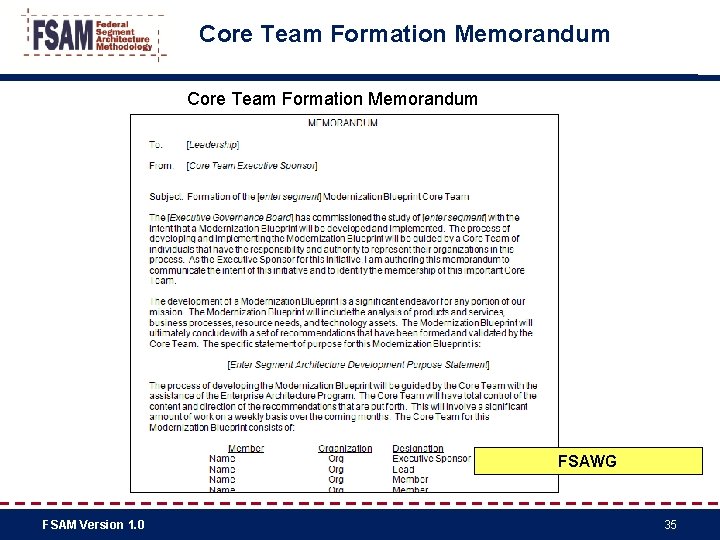 Core Team Formation Memorandum FSAWG FSAM Version 1. 0 35 