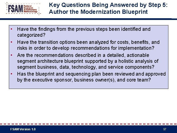 Key Questions Being Answered by Step 5: Author the Modernization Blueprint • Have the