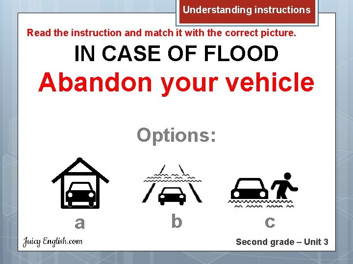 Understanding instructions Read the instruction and match it with the correct picture. IN CASE