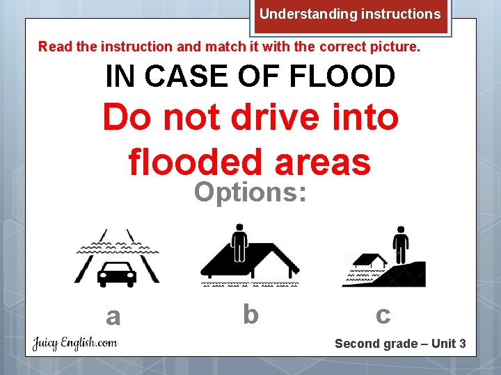 Understanding instructions Read the instruction and match it with the correct picture. IN CASE