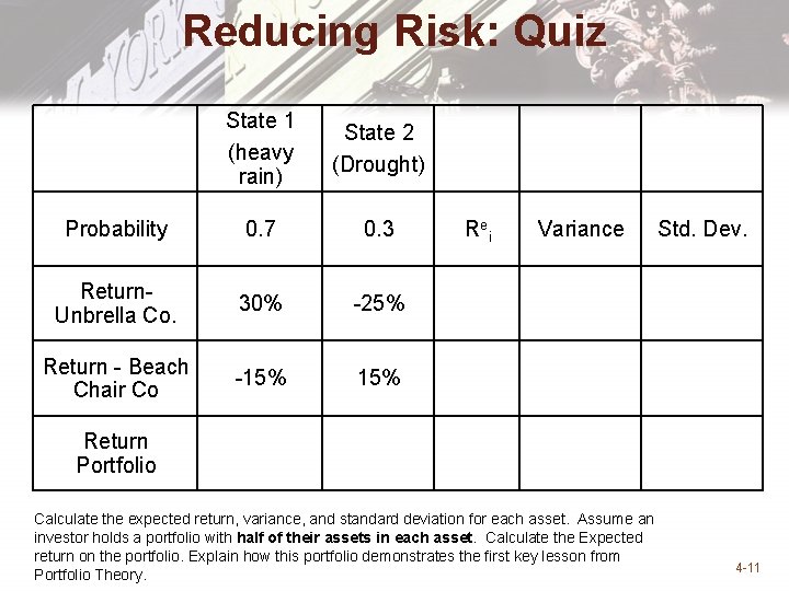Reducing Risk: Quiz State 1 (heavy rain) State 2 (Drought) Probability 0. 7 0.