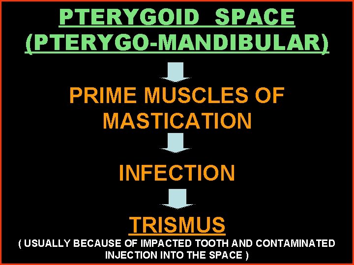 PTERYGOID SPACE (PTERYGO-MANDIBULAR) PRIME MUSCLES OF MASTICATION INFECTION TRISMUS ( USUALLY BECAUSE OF IMPACTED