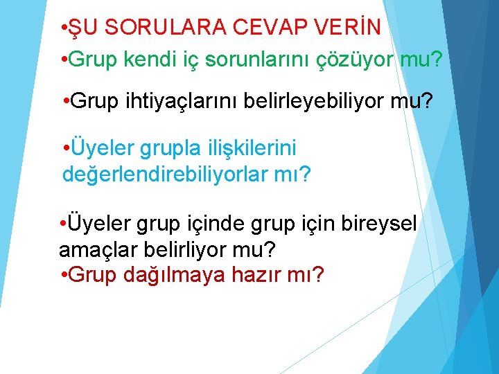  • ŞU SORULARA CEVAP VERİN • Grup kendi iç sorunlarını çözüyor mu? •