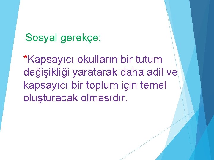 Sosyal gerekçe: *Kapsayıcı okulların bir tutum değişikliği yaratarak daha adil ve kapsayıcı bir toplum