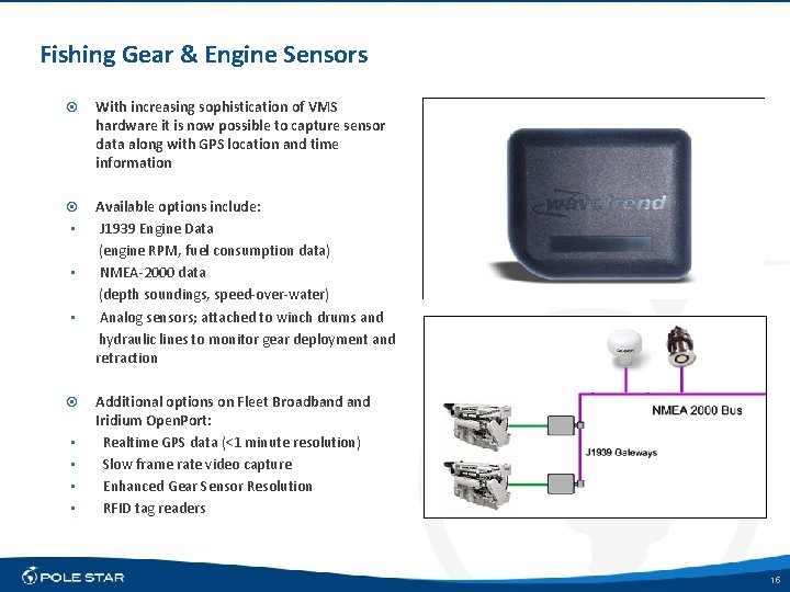 Fishing Gear & Engine Sensors With increasing sophistication of VMS hardware it is now