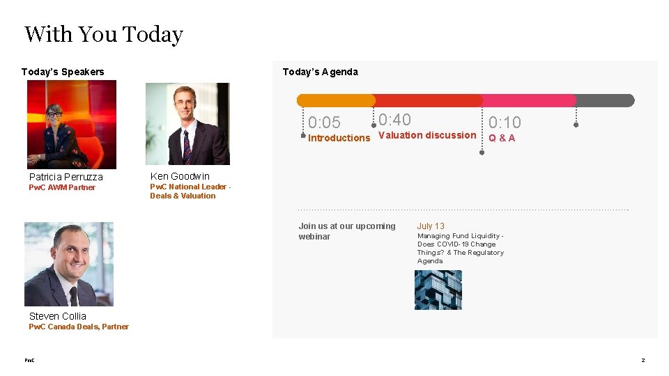 With You Today’s Speakers Today’s Agenda 0: 05 0: 40 Introductions Valuation discussion Patricia