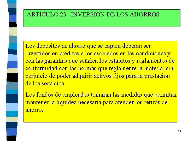 ARTICULO 23 INVERSIÓN DE LOS AHORROS Los depósitos de ahorro que se capten deberán