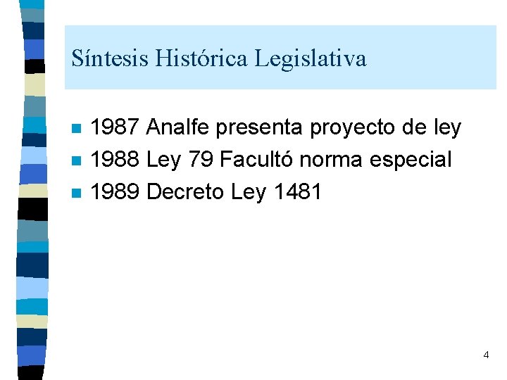 Síntesis Histórica Legislativa n n n 1987 Analfe presenta proyecto de ley 1988 Ley