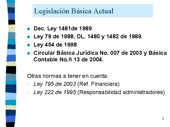 Legislación Básica Actual n n Dec. Ley 1481 de 1989 Ley 79 de 1988,