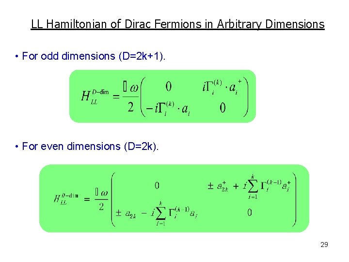 LL Hamiltonian of Dirac Fermions in Arbitrary Dimensions • For odd dimensions (D=2 k+1).