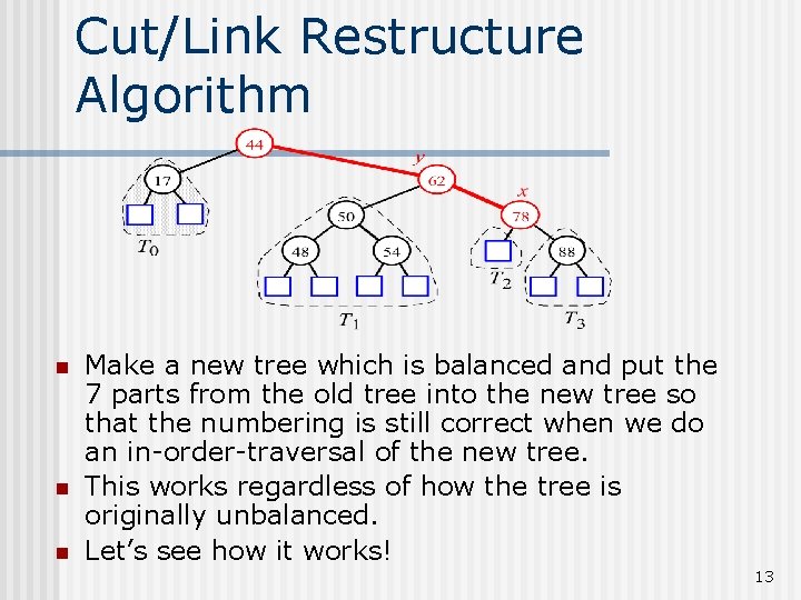 Cut/Link Restructure Algorithm n n n Make a new tree which is balanced and