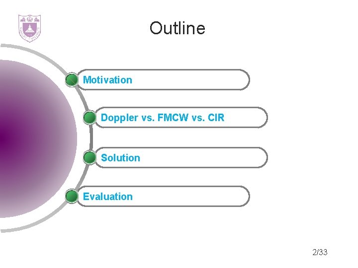 Outline Motivation Doppler vs. FMCW vs. CIR Solution Evaluation 2/33 