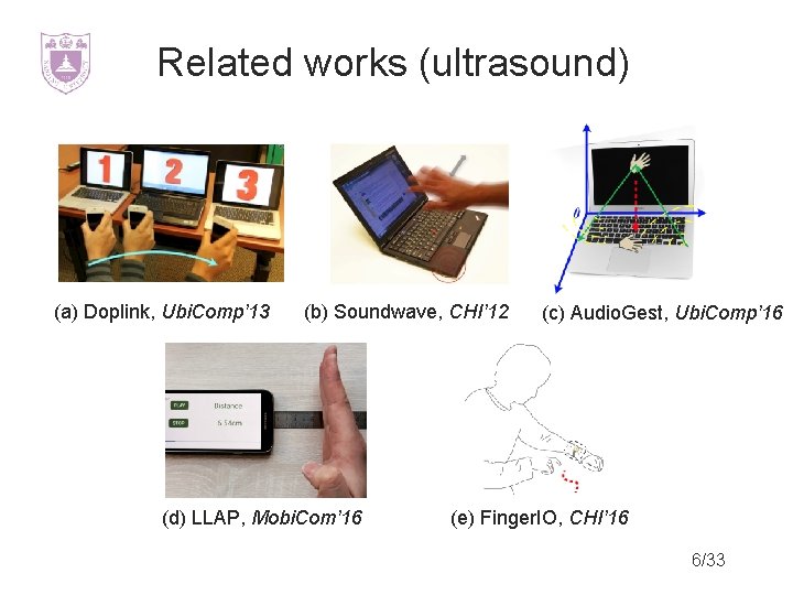 Related works (ultrasound) (a) Doplink, Ubi. Comp’ 13 (b) Soundwave, CHI’ 12 (d) LLAP,