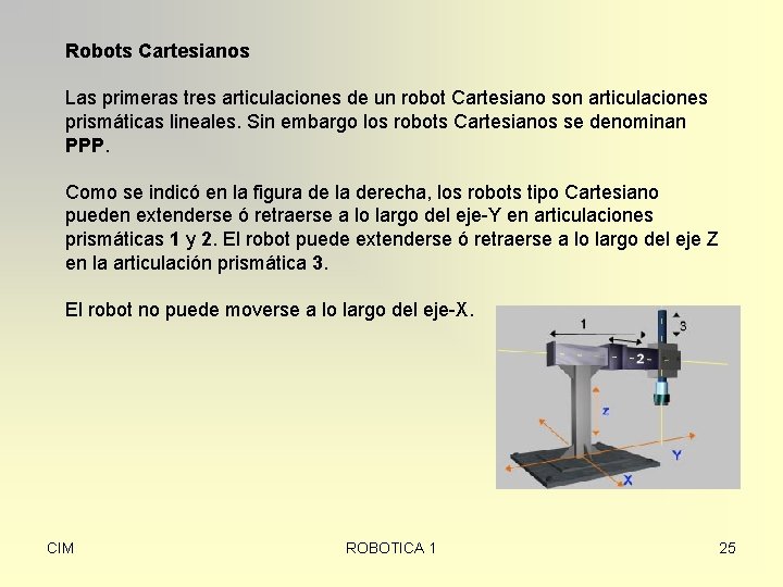 Robots Cartesianos Las primeras tres articulaciones de un robot Cartesiano son articulaciones prismáticas lineales.