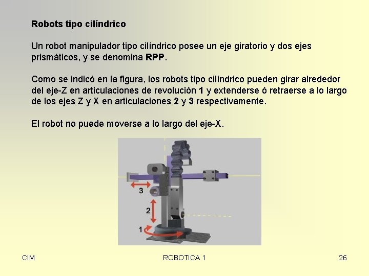 Robots tipo cilíndrico Un robot manipulador tipo cilíndrico posee un eje giratorio y dos