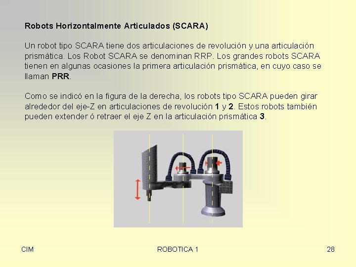 Robots Horizontalmente Articulados (SCARA) Un robot tipo SCARA tiene dos articulaciones de revolución y