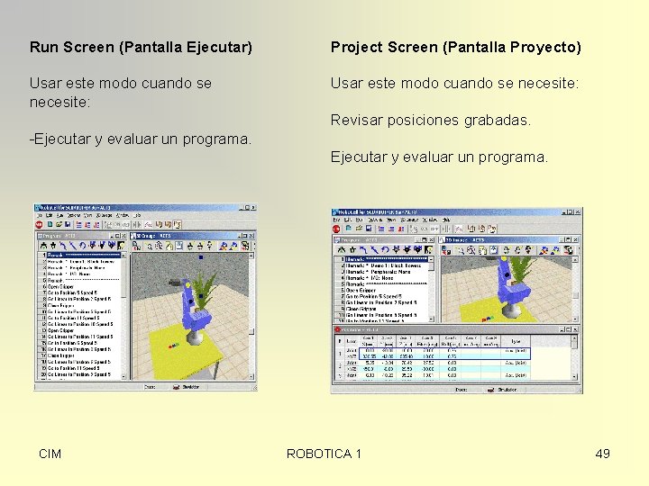 Run Screen (Pantalla Ejecutar) Project Screen (Pantalla Proyecto) Usar este modo cuando se necesite: