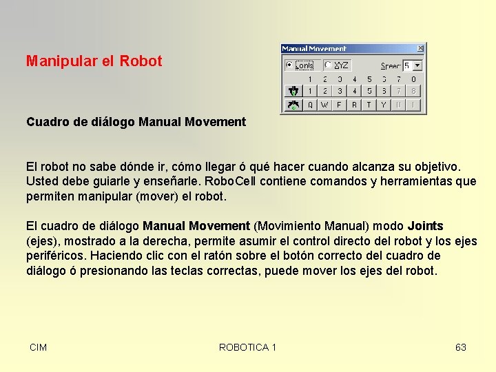 Manipular el Robot Cuadro de diálogo Manual Movement El robot no sabe dónde ir,