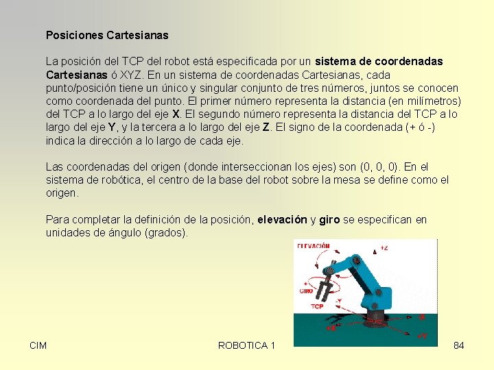 Posiciones Cartesianas La posición del TCP del robot está especificada por un sistema de