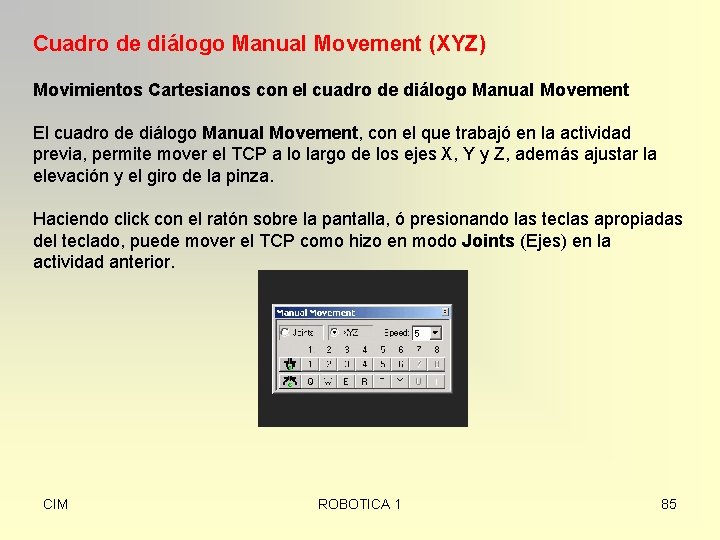 Cuadro de diálogo Manual Movement (XYZ) Movimientos Cartesianos con el cuadro de diálogo Manual