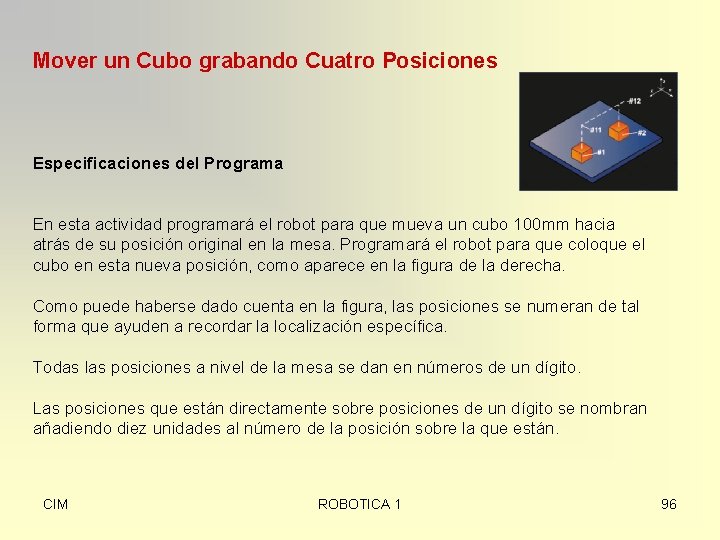 Mover un Cubo grabando Cuatro Posiciones Especificaciones del Programa En esta actividad programará el