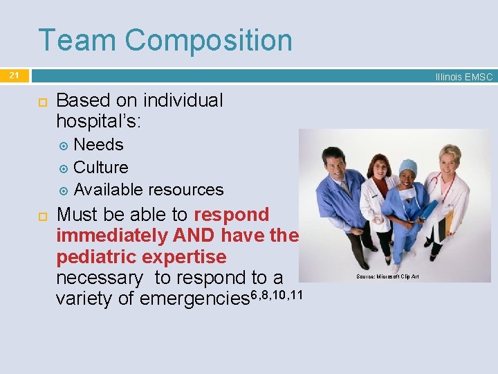 Team Composition 21 Illinois EMSC Based on individual hospital’s: Needs Culture Available resources Must