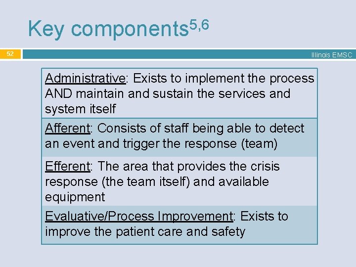 Key components 5, 6 52 Illinois EMSC Administrative: Exists to implement the process AND