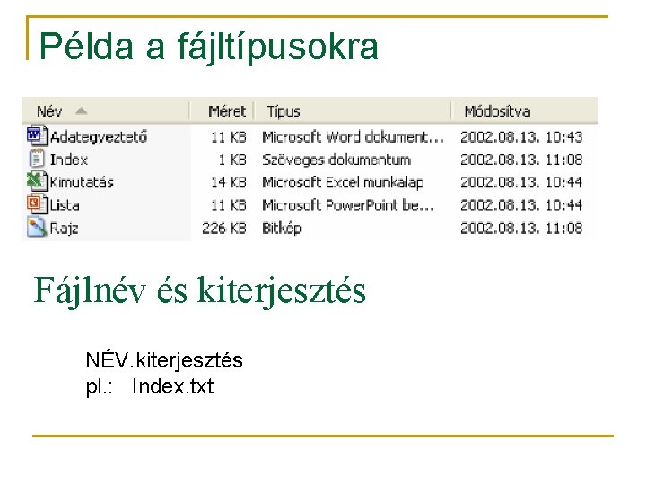 Példa a fájltípusokra Fájlnév és kiterjesztés NÉV. kiterjesztés pl. : Index. txt 