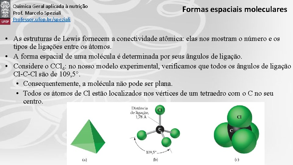 Química Geral aplicada à nutrição Prof. Marcelo Speziali Professor. ufop. br/speziali Formas espaciais moleculares