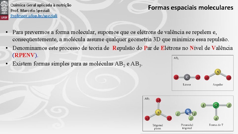 Química Geral aplicada à nutrição Prof. Marcelo Speziali Professor. ufop. br/speziali Formas espaciais moleculares