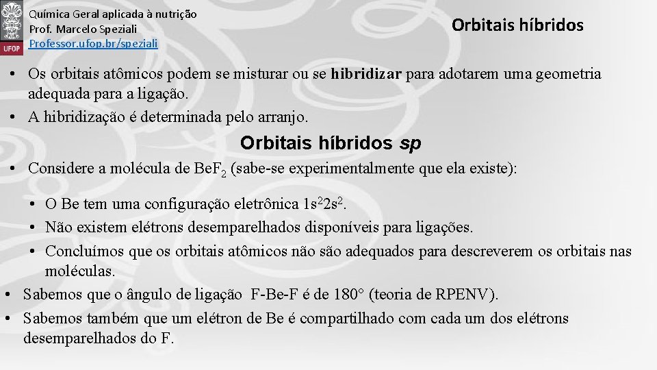 Química Geral aplicada à nutrição Prof. Marcelo Speziali Professor. ufop. br/speziali Orbitais híbridos •