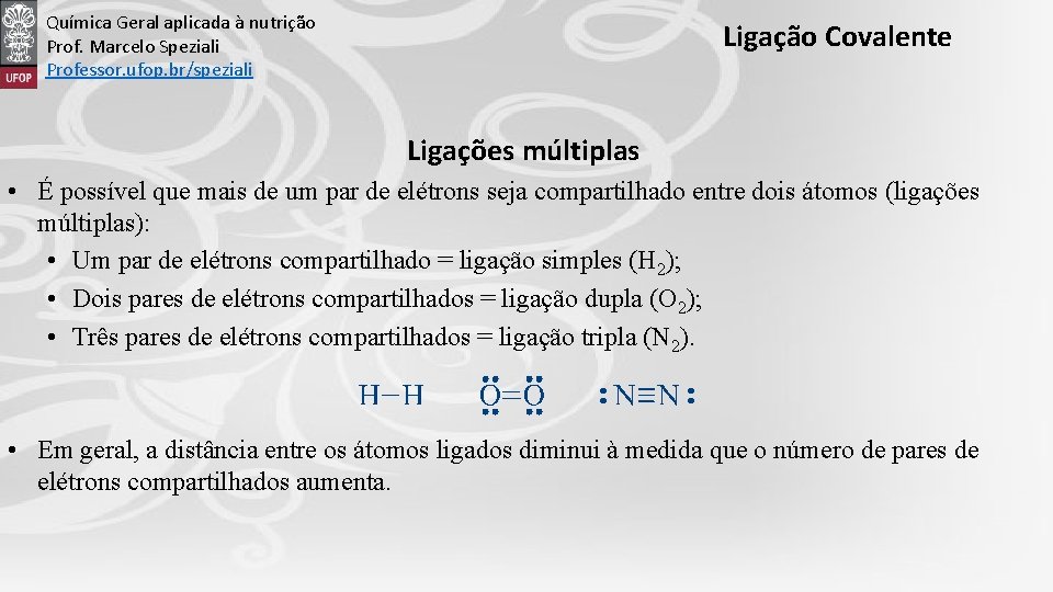 Química Geral aplicada à nutrição Prof. Marcelo Speziali Professor. ufop. br/speziali Ligação Covalente Ligações