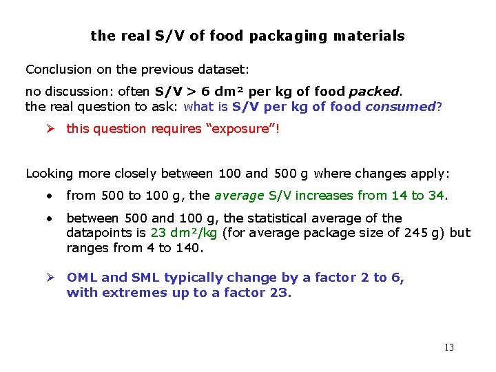 the real S/V of food packaging materials Conclusion on the previous dataset: no discussion: