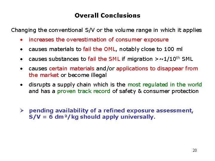 Overall Conclusions Changing the conventional S/V or the volume range in which it applies