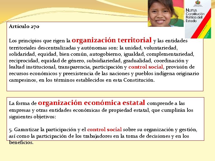 Artículo 270 Los principios que rigen la organización territorial y las entidades territoriales descentralizadas