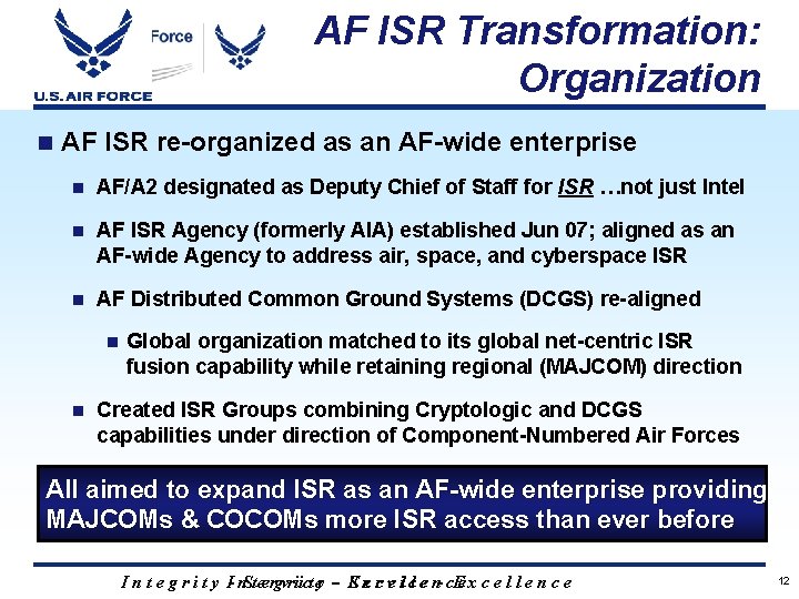 AF ISR Transformation: Organization n AF ISR re-organized as an AF-wide enterprise n AF/A