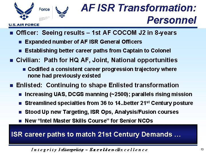 AF ISR Transformation: Personnel n n Officer: Seeing results – 1 st AF COCOM