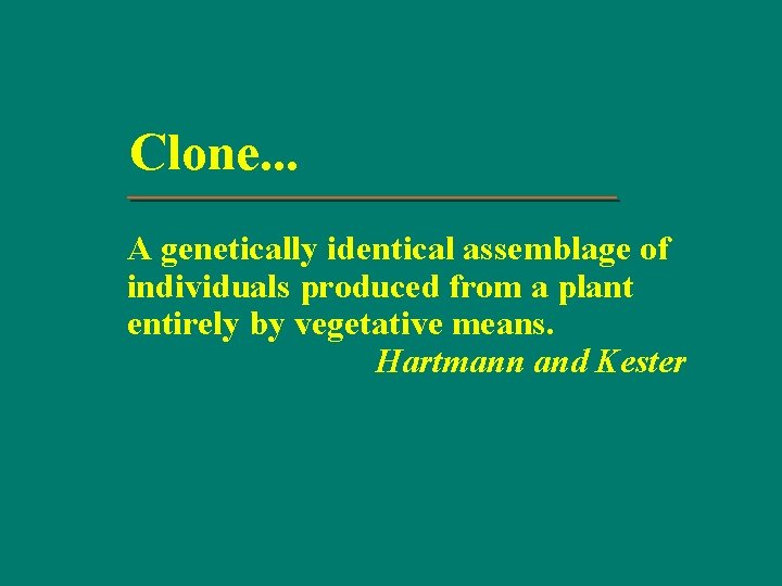 Clone. . . A genetically identical assemblage of individuals produced from a plant entirely