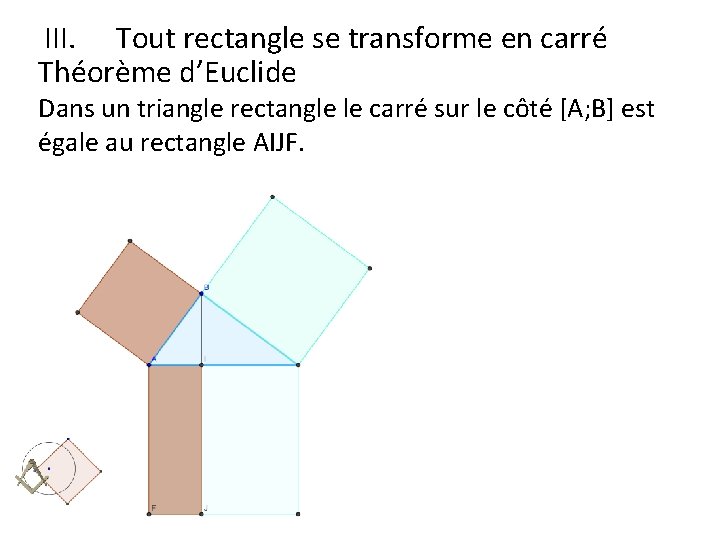 III. Tout rectangle se transforme en carré Théorème d’Euclide Dans un triangle rectangle le