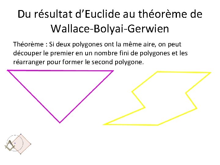 Du résultat d’Euclide au théorème de Wallace-Bolyai-Gerwien Théorème : Si deux polygones ont la