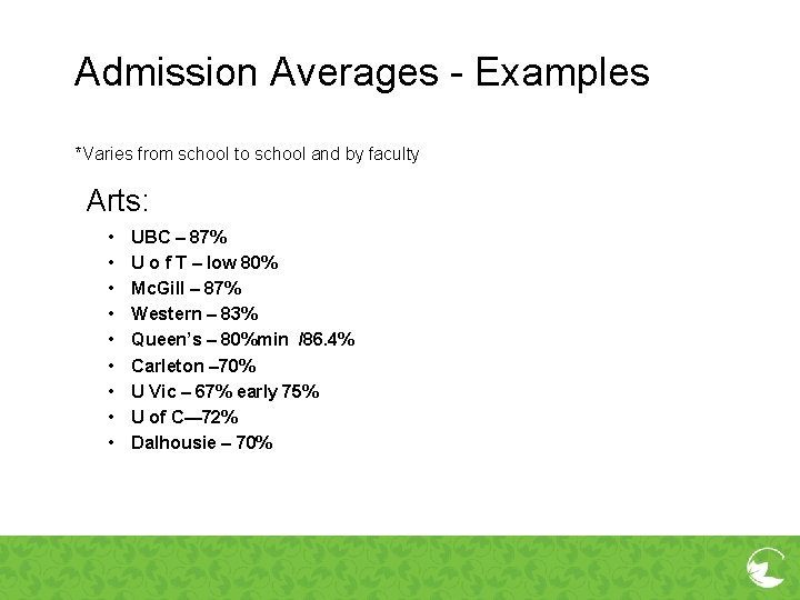 Admission Averages - Examples *Varies from school to school and by faculty Arts: •