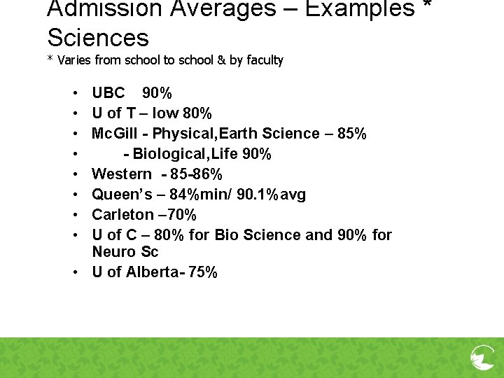 Admission Averages – Examples * Sciences * Varies from school to school & by