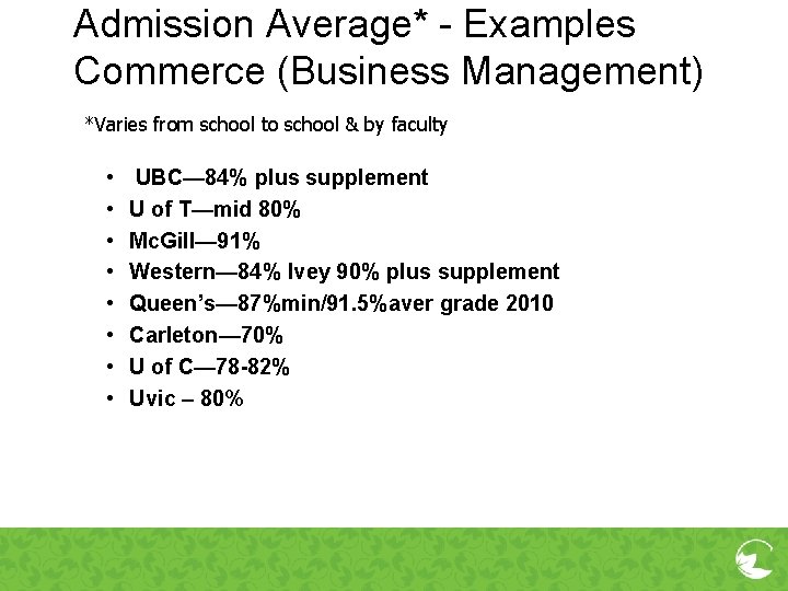 Admission Average* - Examples Commerce (Business Management) *Varies from school to school & by
