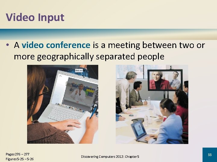 Video Input • A video conference is a meeting between two or more geographically