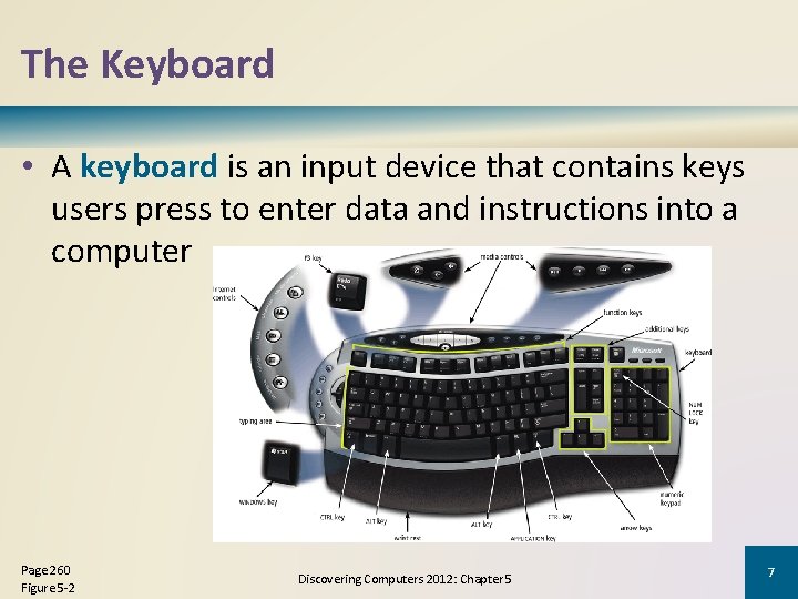 The Keyboard • A keyboard is an input device that contains keys users press