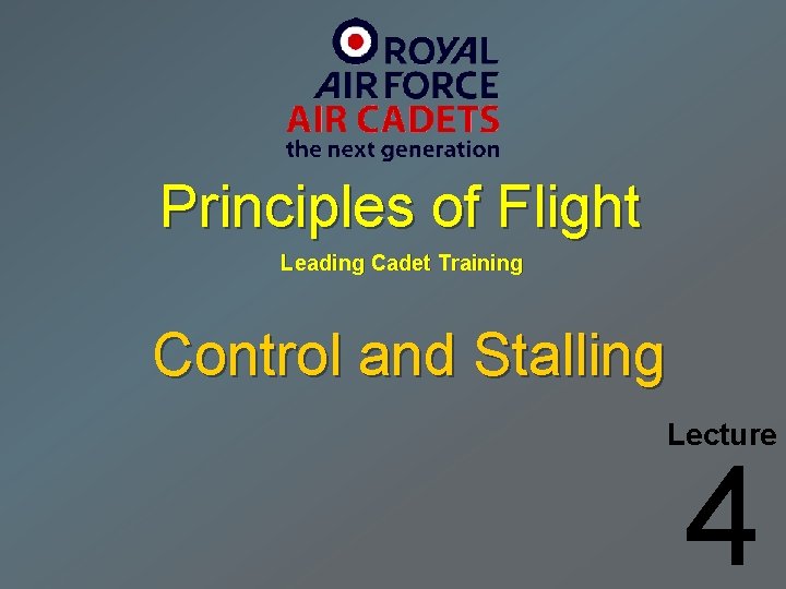 Principles of Flight Leading Cadet Training Control and Stalling Lecture 4 