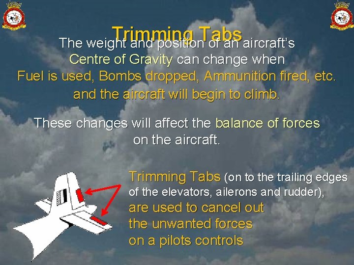 Trimming Tabs The weight and position of an aircraft’s Centre of Gravity can change