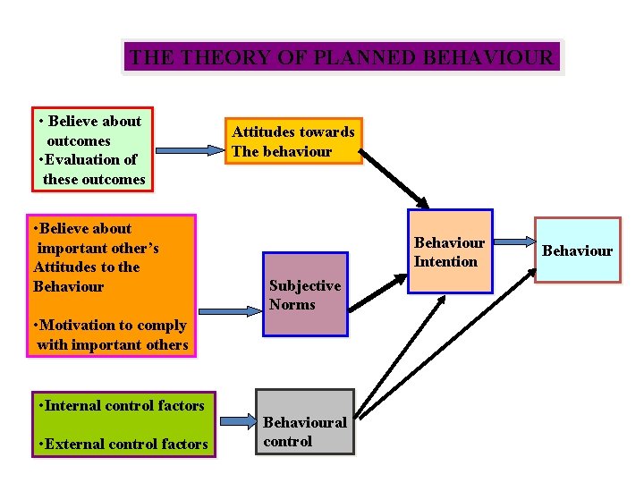 THE THEORY OF PLANNED BEHAVIOUR • Believe about outcomes • Evaluation of these outcomes