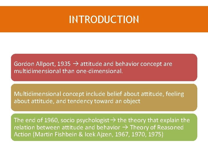 INTRODUCTION Gordon Allport, 1935 attitude and behavior concept are multidimensional than one-dimensional. Multidimensional concept