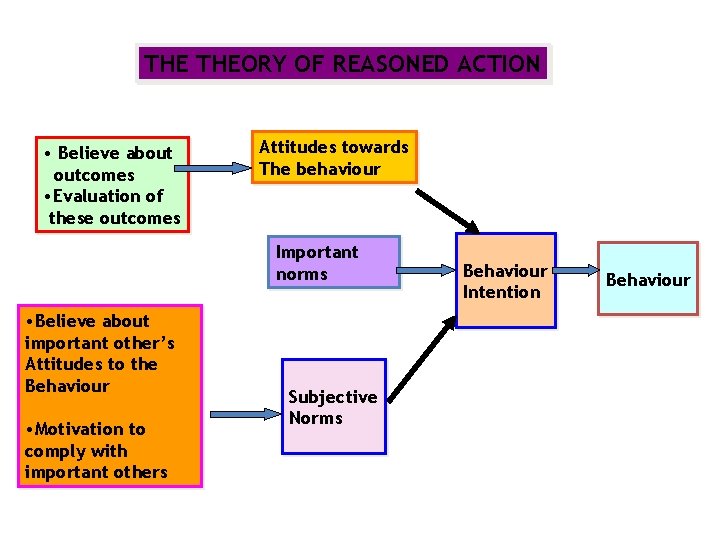 THE THEORY OF REASONED ACTION • Believe about outcomes • Evaluation of these outcomes